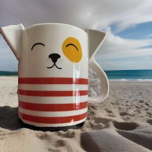 Dog Coffee Cup 3D Sculpted Ears Stoneware Parker Lane White Blue Red Stripe